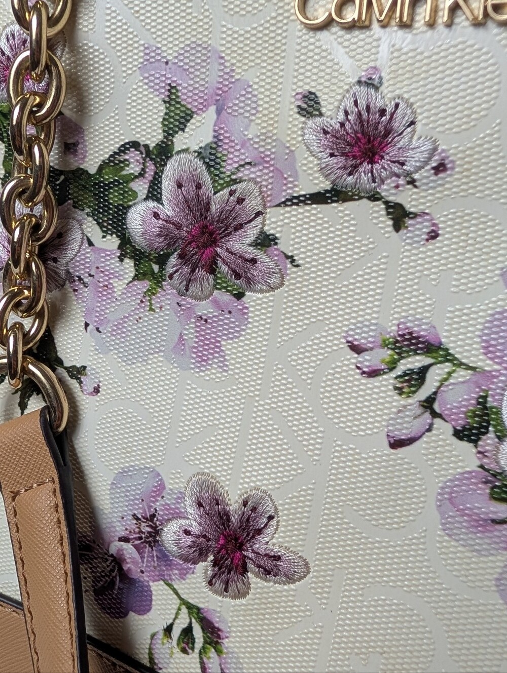 Vintage Calvin Klein Lavender Cherry Blossom Tote | Gold Zip Cherub White - Picture 7 of 8